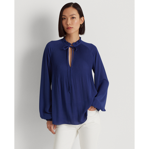 Blue Yacht Pleated Georgette Tie-Neck Blouse Lauren Petite 1
