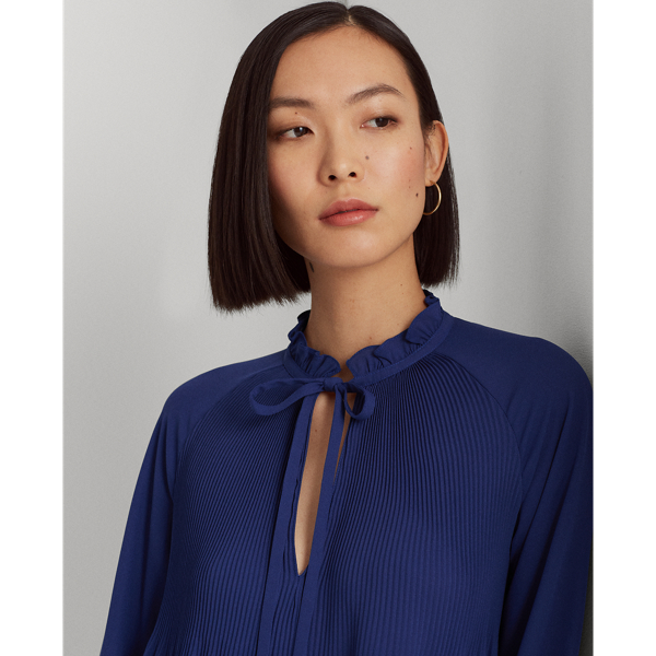 Blue Yacht Pleated Georgette Tie-Neck Blouse Lauren Petite 6