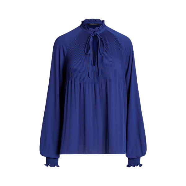 Blue Yacht Pleated Georgette Tie-Neck Blouse Lauren Petite 2