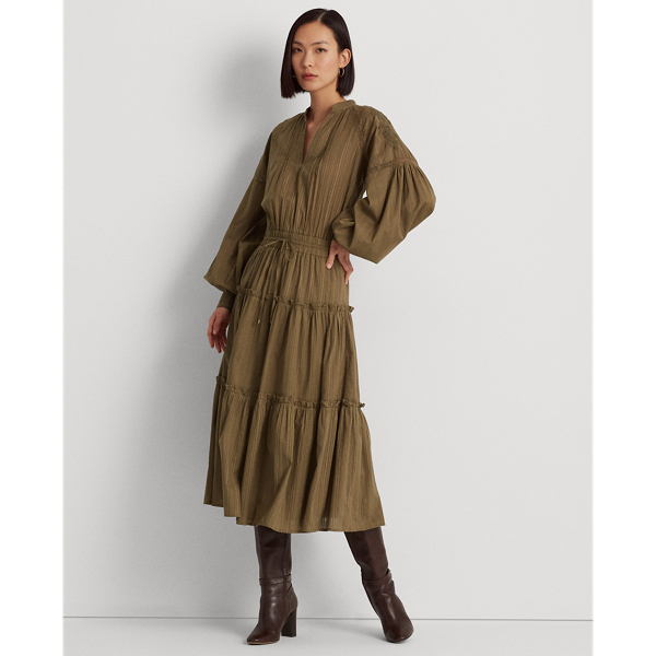Olive Fern Shadow-Stripe Cotton Tiered Dress Lauren 4