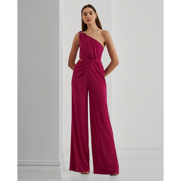 Fuchsia Berry Twist-Front Jersey One-Shoulder Jumpsuit Lauren 1