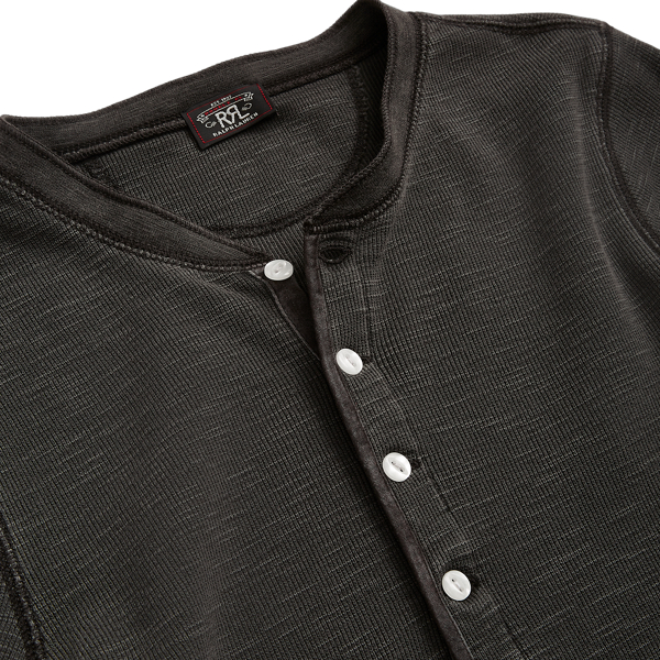 Waffel-Henley aus Baumwolljacquard RRL in Schwarz verblichen 7