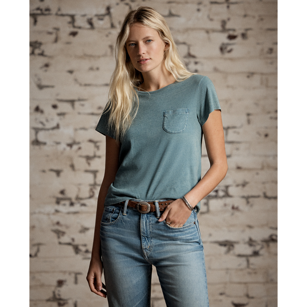 T-Shirt aus Baumwolle und Leinen RRL in Verwaschenes Indigo 2