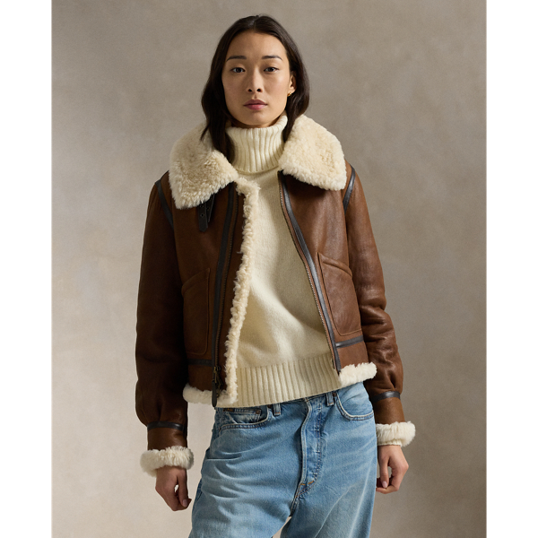 Women s Leather Trim Shearling Aviator Jacket Ralph Lauren