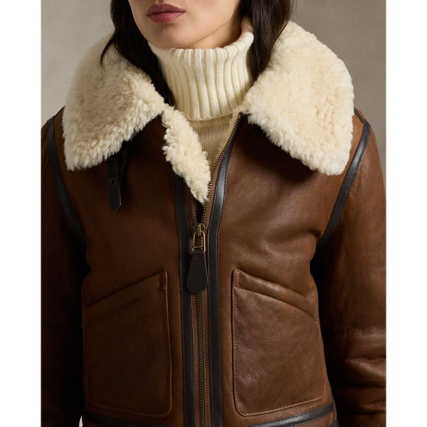 Women s Leather Trim Shearling Aviator Jacket Ralph Lauren