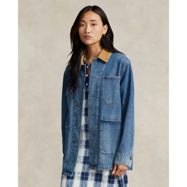 Denim-Arbeitsjacke mit Kordsamtkragen