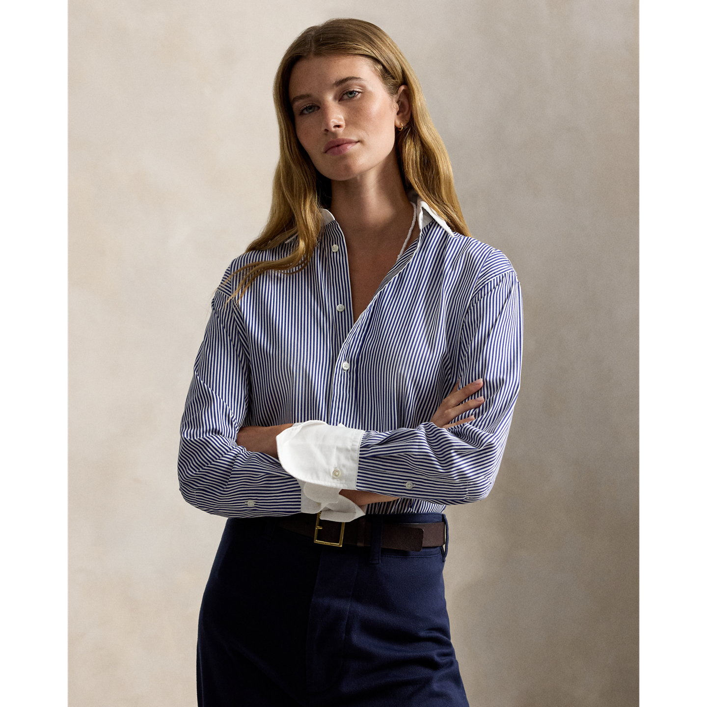 Женская рубашка Polo Ralph Lauren Extended-Cuff Striped Cotton, цвет: Белый / Королевский синий — фото 5