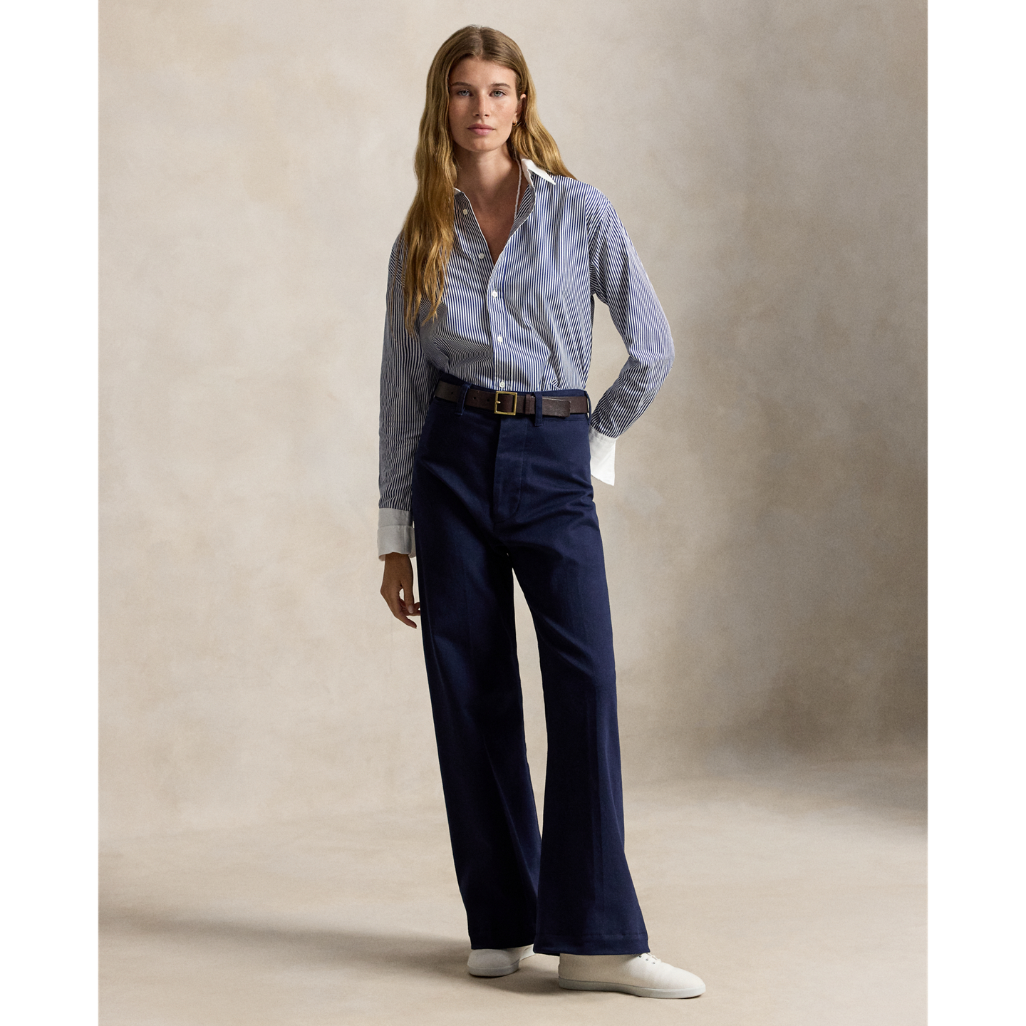 Женская рубашка Polo Ralph Lauren Extended-Cuff Striped Cotton, цвет: Белый / Королевский синий — фото 1