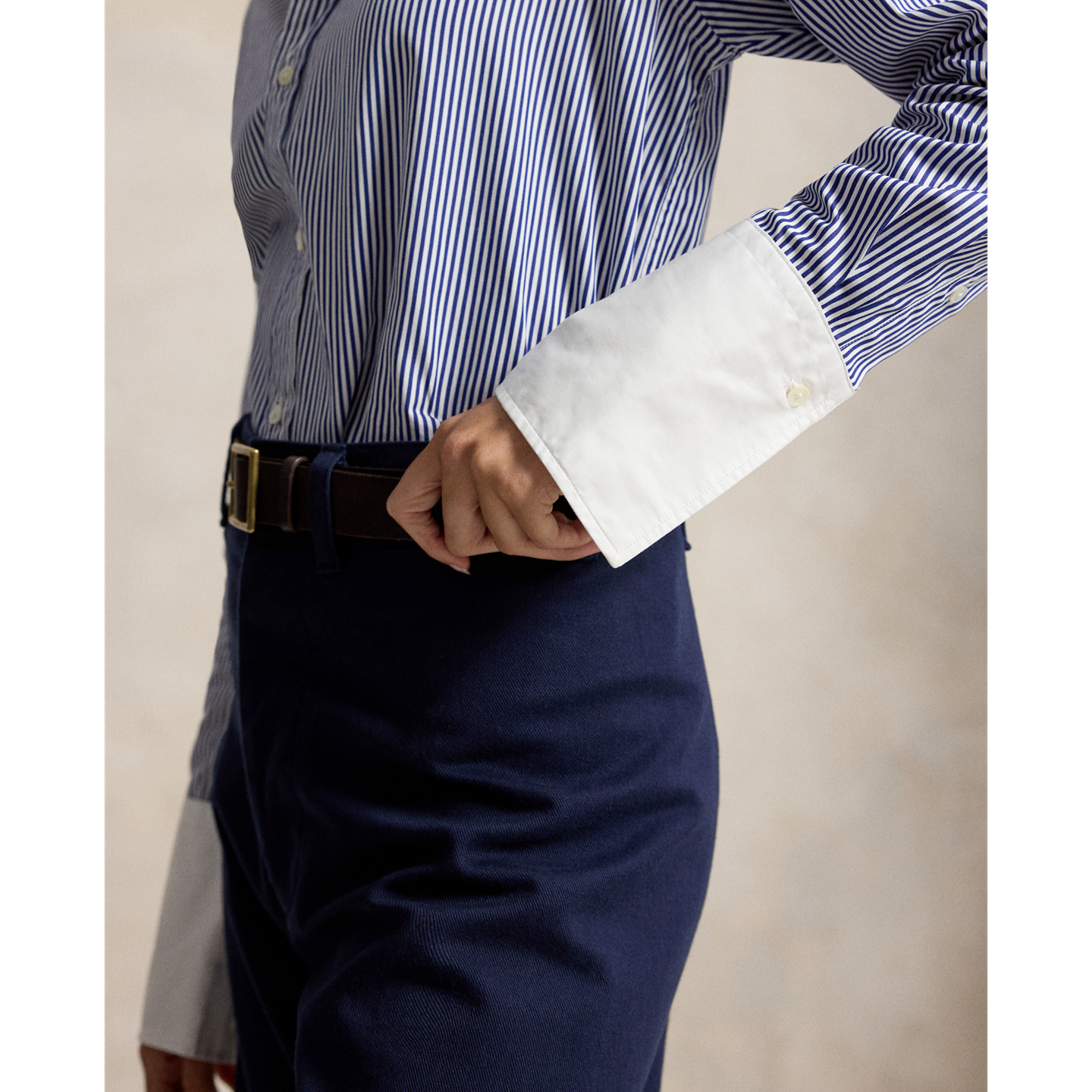Женская рубашка Polo Ralph Lauren Extended-Cuff Striped Cotton, цвет: Белый / Королевский синий — фото 3