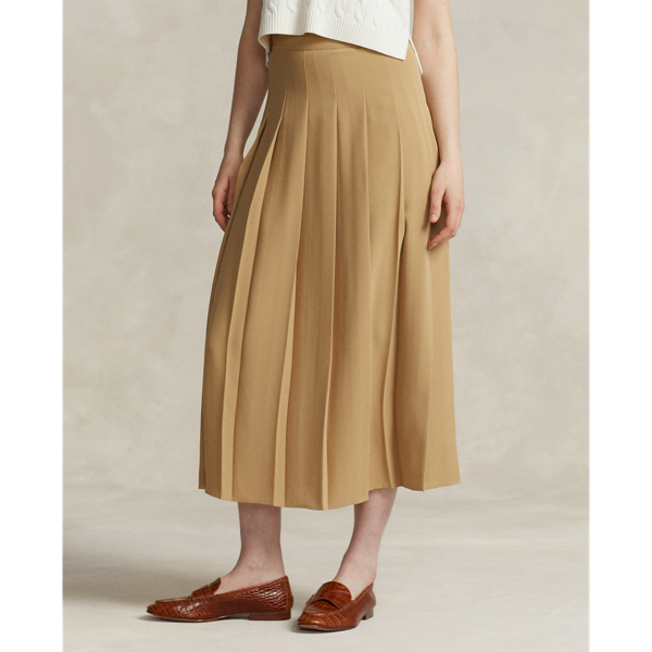 Classic Camel Satin Pleated A-Line Midi Skirt Polo Ralph Lauren 4