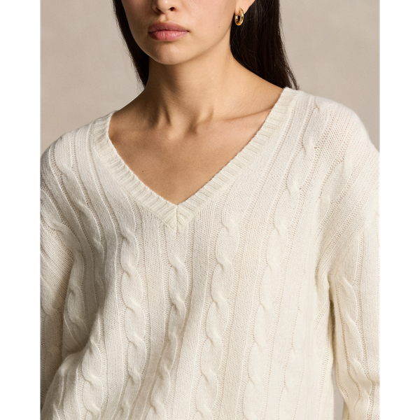 Cream Cable-Knit Cashmere V-Neck Sweater Polo Ralph Lauren 6