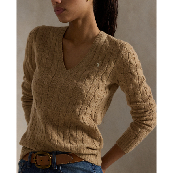 Cable Knit Wool Cashmere V Neck Jumper for Women Ralph Lauren UK
