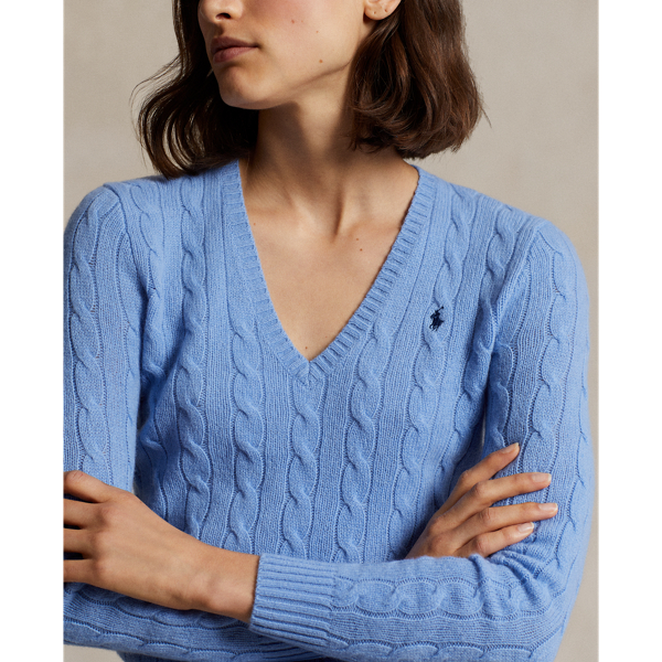 Cable Knit Wool Cashmere V Neck Jumper