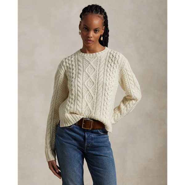 Aran Knit Wool Blend Crewneck Jumper