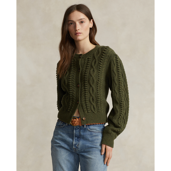 Jodphur Heather Aran Blouson-Sleeve Wool-Blend Cardigan Polo Ralph Lauren 1