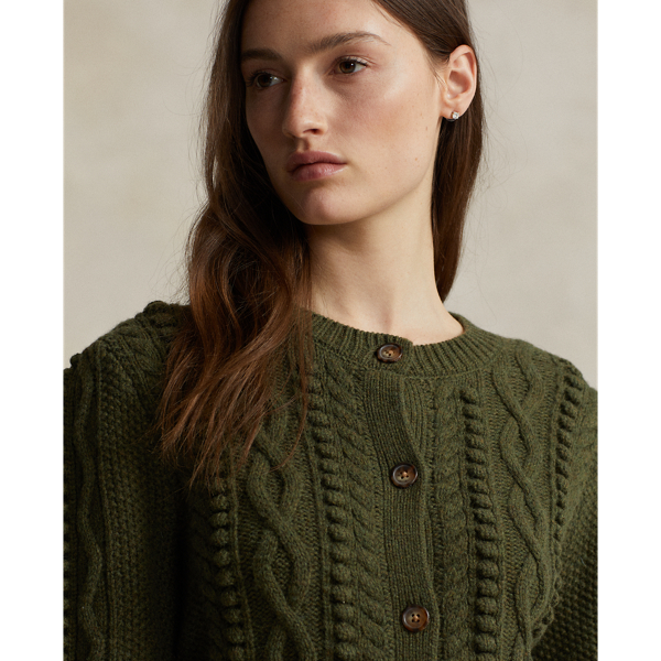 Jodphur Heather Aran Blouson-Sleeve Wool-Blend Cardigan Polo Ralph Lauren 6