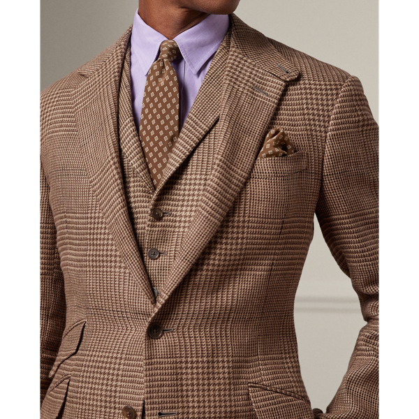 Brown/Tan Kent Handmade Plaid Linen Suit Jacket Purple Label 6