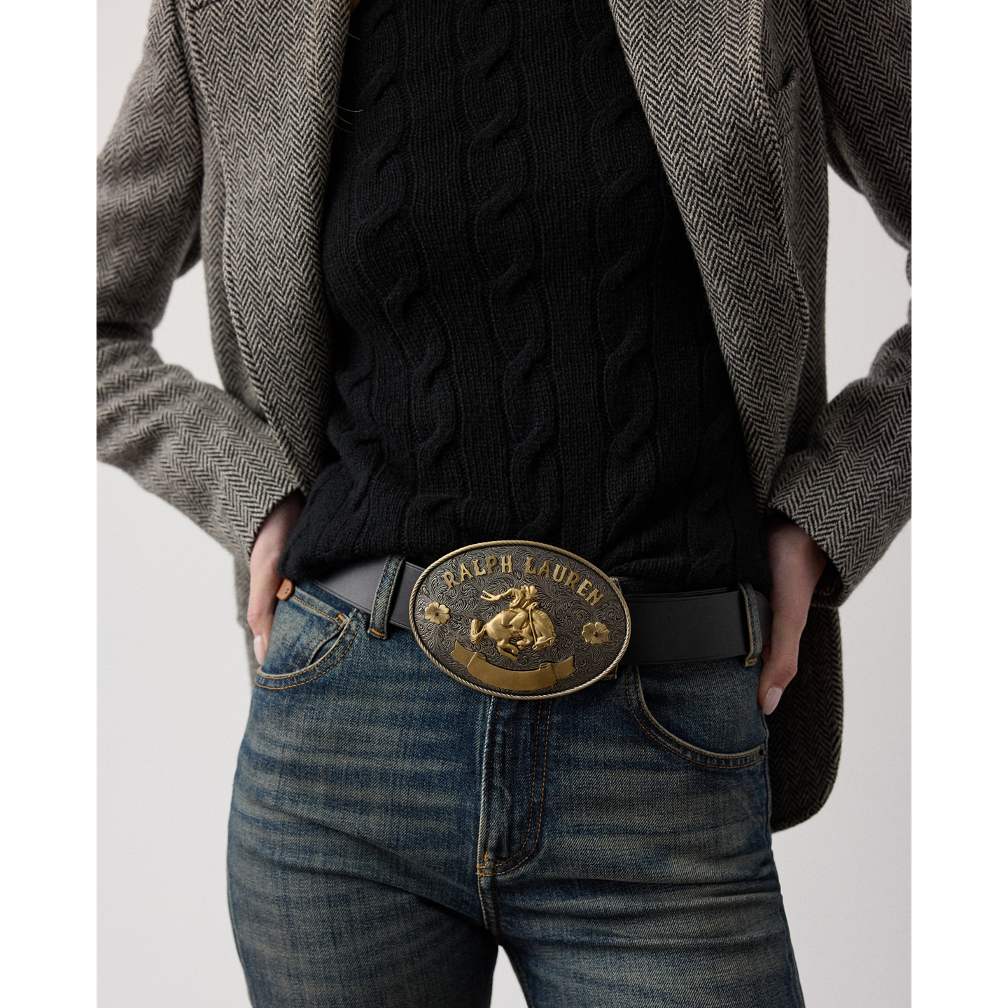 Женский ремень Ralph Lauren Rodeo-Buckle Vachetta Leather Wide, цвет: Чёрный — фото 2