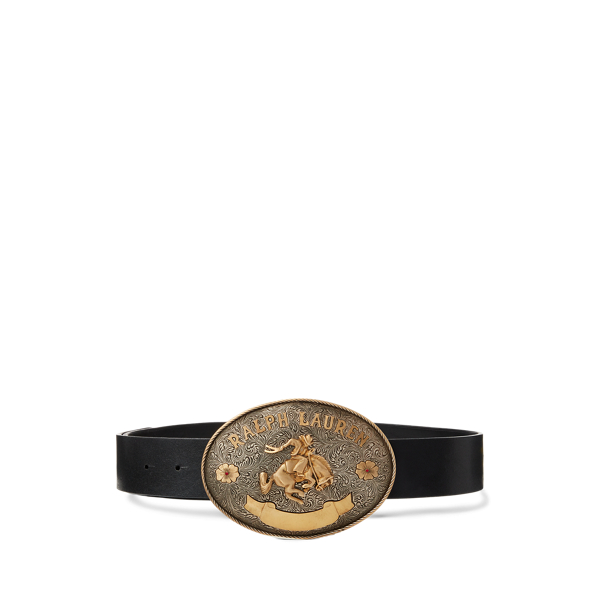 Black Rodeo-Buckle Vachetta Leather Wide Belt Ralph Lauren Collection 1