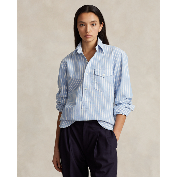 Blue/White Custom Fit Striped Oxford Popover Shirt Polo Ralph Lauren 6