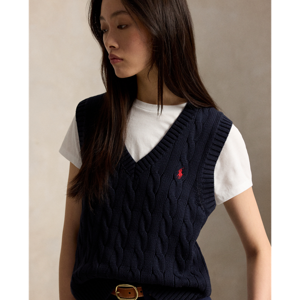 Hunter Navy Cable-Knit V-Neck Sleeveless Jumper Polo Ralph Lauren 5