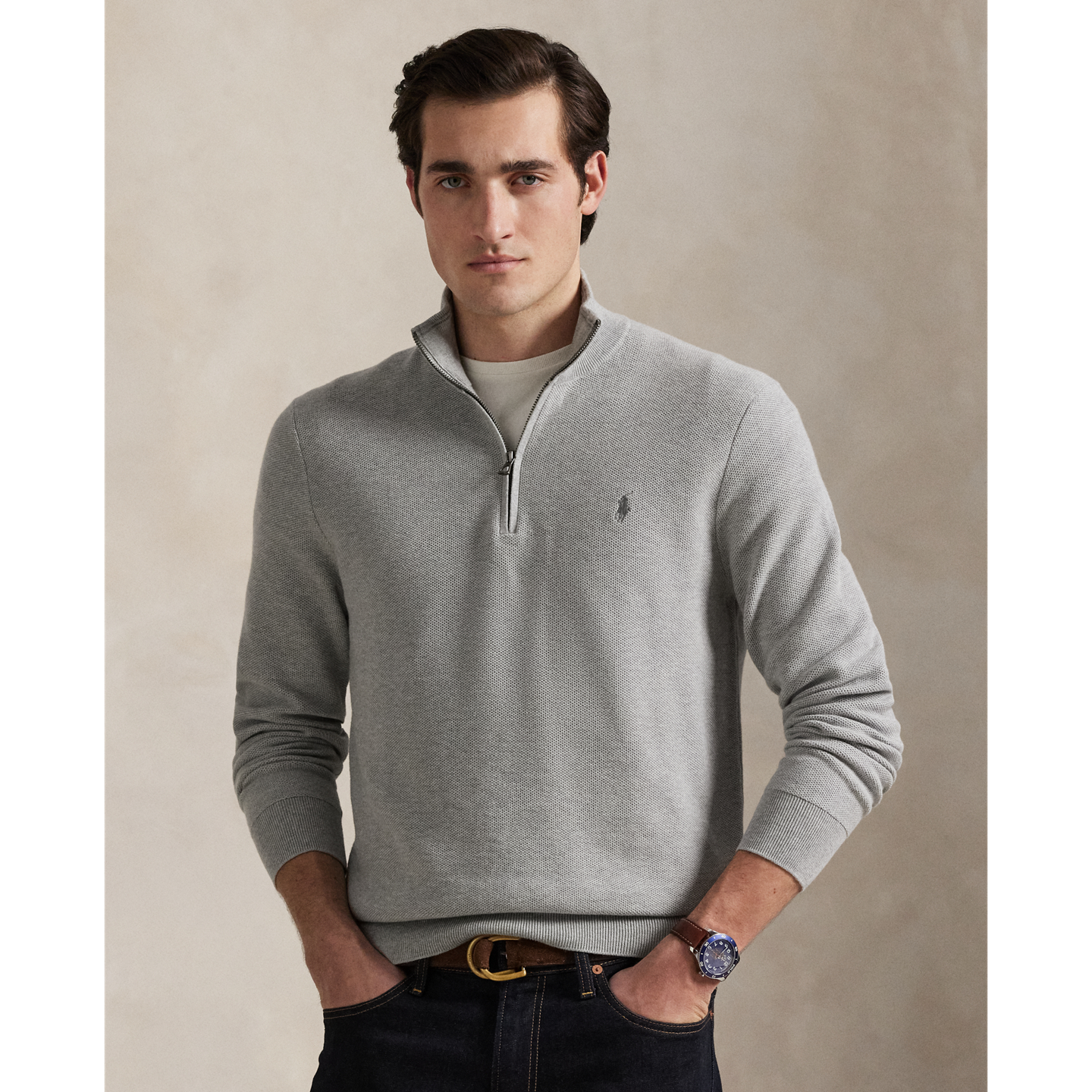 Мужской свитер Polo Ralph Lauren Mesh-Knit Cotton Quarter-Zip, цвет: Меланжевый — фото 4