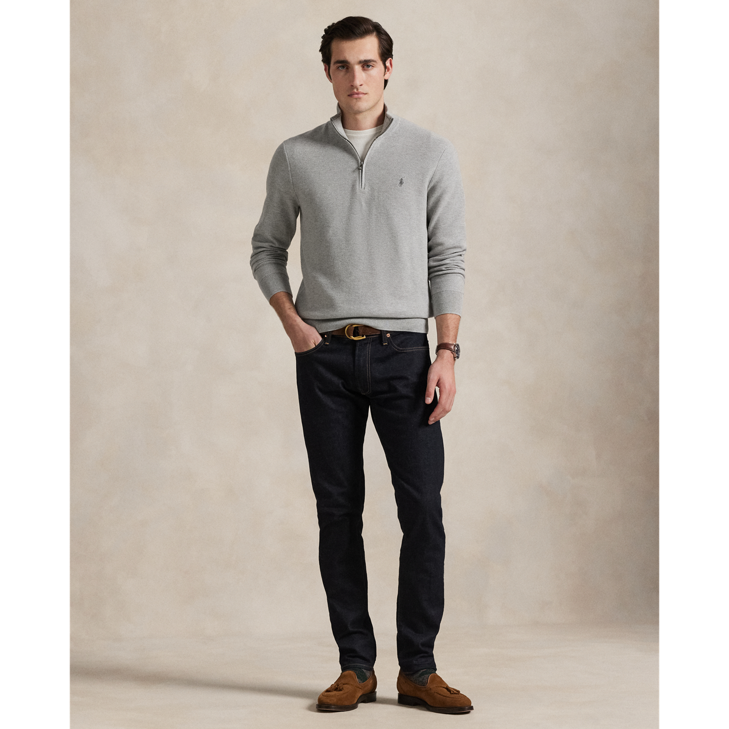 Мужской свитер Polo Ralph Lauren Mesh-Knit Cotton Quarter-Zip, цвет: Меланжевый — фото 1