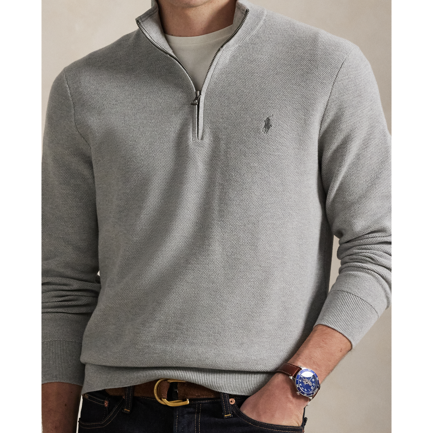 Мужской свитер Polo Ralph Lauren Mesh-Knit Cotton Quarter-Zip, цвет: Меланжевый — фото 3