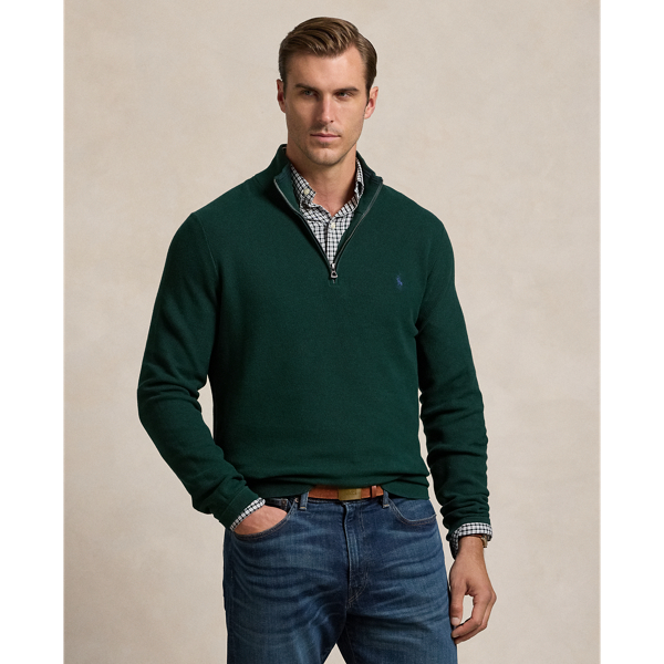 Moss Agate Mesh-Knit Cotton Quarter-Zip Sweater Big & Tall 1