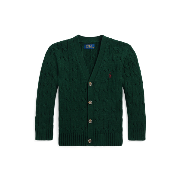 Moss Agate/Wine Cable-Knit Cotton V-Neck Cardigan Boys 2-7 1