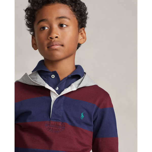 Harvard Wine/Navy Striped Cotton Hooded Rugby Shirt Boys 8-20 5