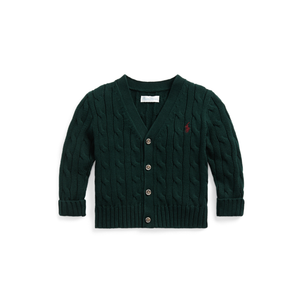 Moss Agate/Wine Cable-Knit Cotton V-Neck Cardigan Baby Boy 1