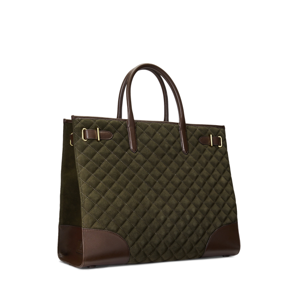 Dark Olive/Chestnut Brown Quilted Suede Large Devyn Tote Bag Lauren 3
