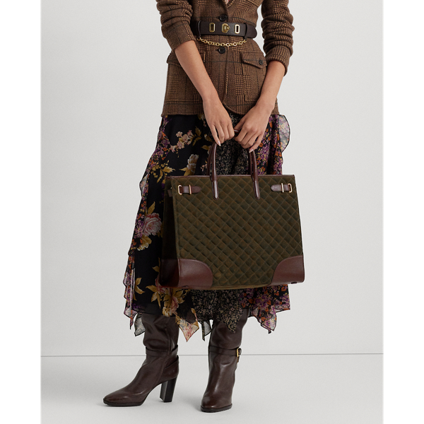 Dark Olive/Chestnut Brown Quilted Suede Large Devyn Tote Bag Lauren 7