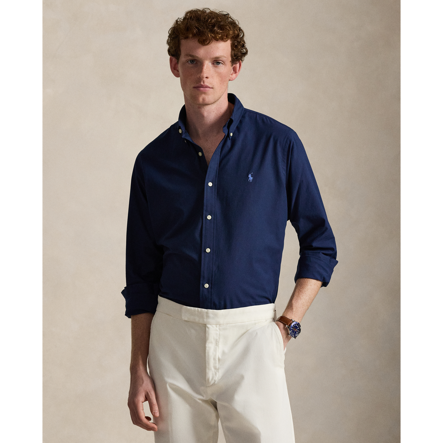 Мужская рубашка Ralph Lauren Stretch Poplin Shirt - All Fits, цвет: Тёмно-синий — фото 4