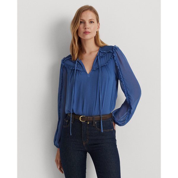 Frosted Lapis Ruffle-Trim Georgette Tie-Neck Blouse Lauren 1