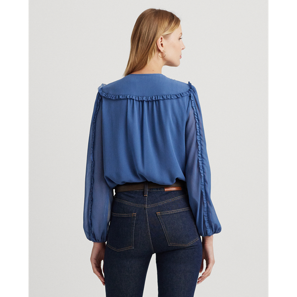 Frosted Lapis Ruffle-Trim Georgette Tie-Neck Blouse Lauren 5