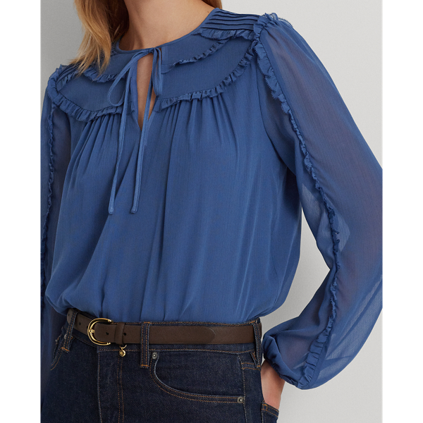 Frosted Lapis Ruffle-Trim Georgette Tie-Neck Blouse Lauren 6