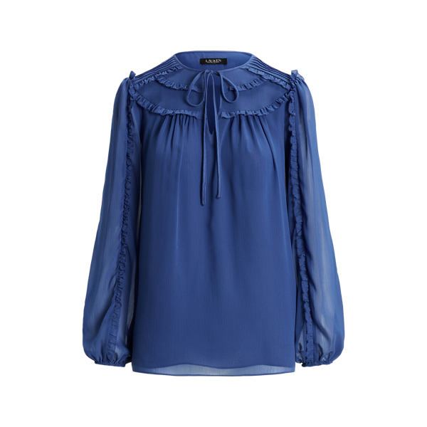 Frosted Lapis Ruffle-Trim Georgette Tie-Neck Blouse Lauren 2