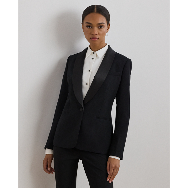 Black Satin-Trim Crepe Blazer Lauren 1