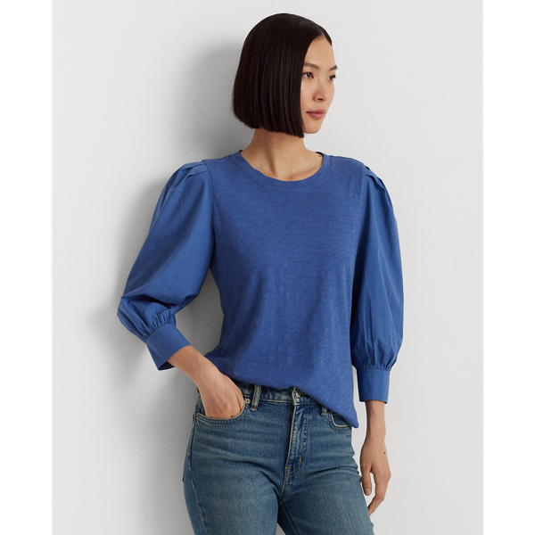 Frosted Lapis Jersey & Poplin Puff-Sleeve Top Lauren 1