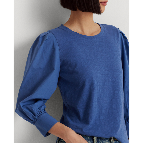 Frosted Lapis Jersey & Poplin Puff-Sleeve Top Lauren 6