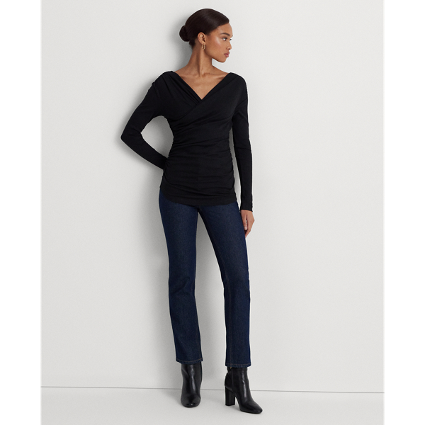 Black Ruched Asymmetrical Stretch Cotton Top Lauren 4