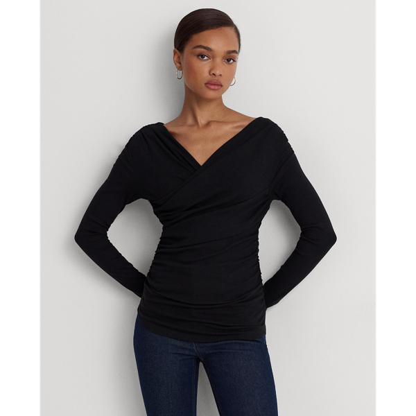 Black Ruched Asymmetrical Stretch Cotton Top Lauren 1