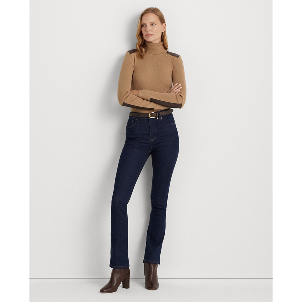 Classic Camel Faux Leather-Trim Ribbed Turtleneck Lauren 4