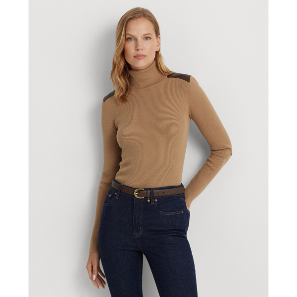 Classic Camel Faux Leather-Trim Ribbed Turtleneck Lauren 1
