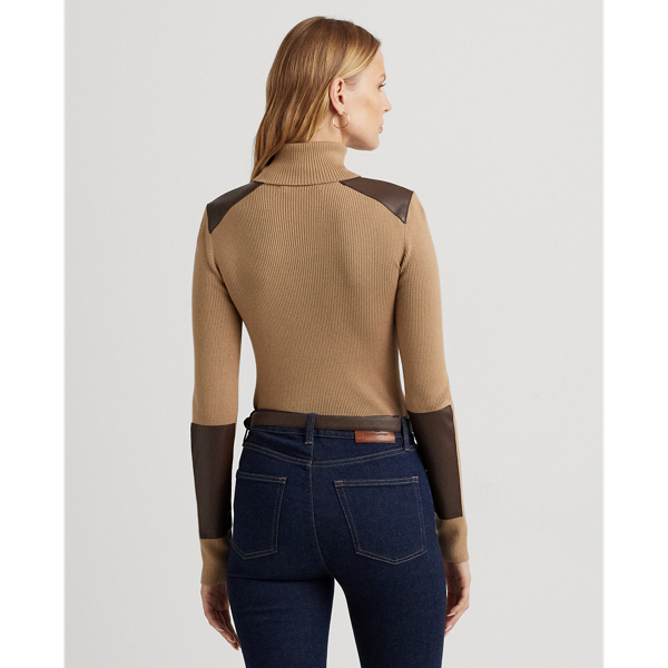 Classic Camel Faux Leather-Trim Ribbed Turtleneck Lauren 5