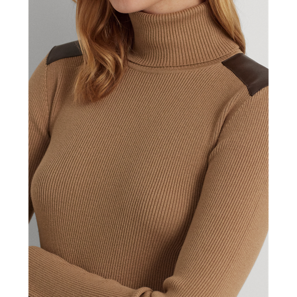 Classic Camel Faux Leather-Trim Ribbed Turtleneck Lauren 6
