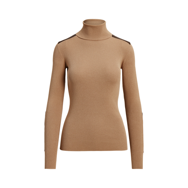 Classic Camel Faux Leather-Trim Ribbed Turtleneck Lauren 2