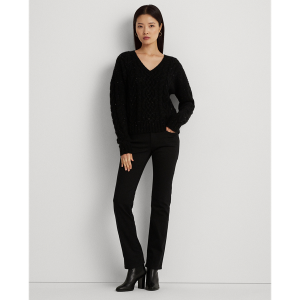 Black Sequined Wool-Blend Aran-Knit Sweater Lauren 4